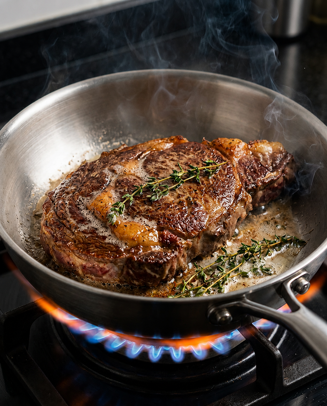 Côte de bœuf saisie dans une poêle inox 316 LAEVOR Image