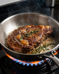 Côte de bœuf saisie dans une poêle inox 316 LAEVOR