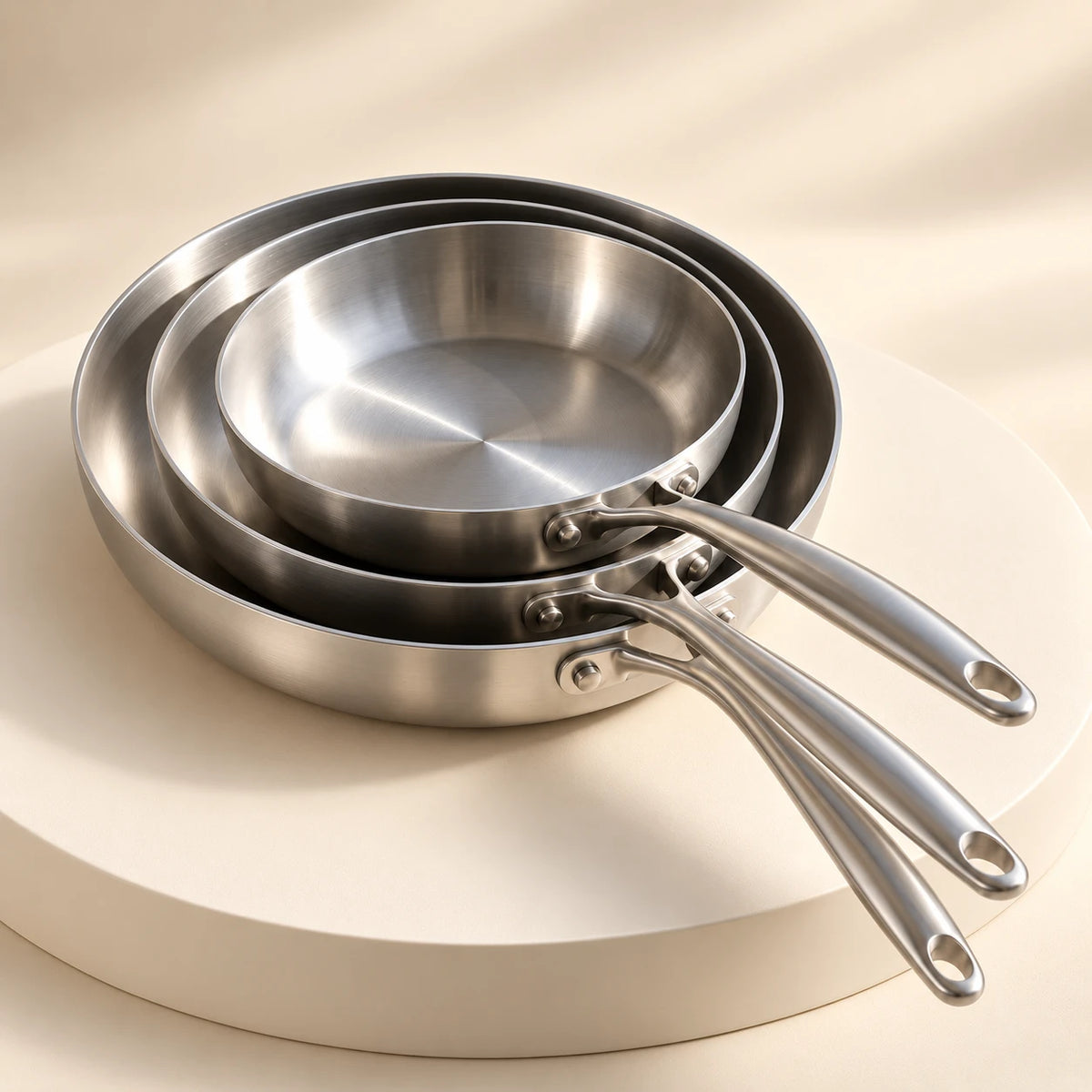 Pack Apprenti LAEVOR : poêles inox 316 de 22, 24 et 26 cm empilées sur un socle