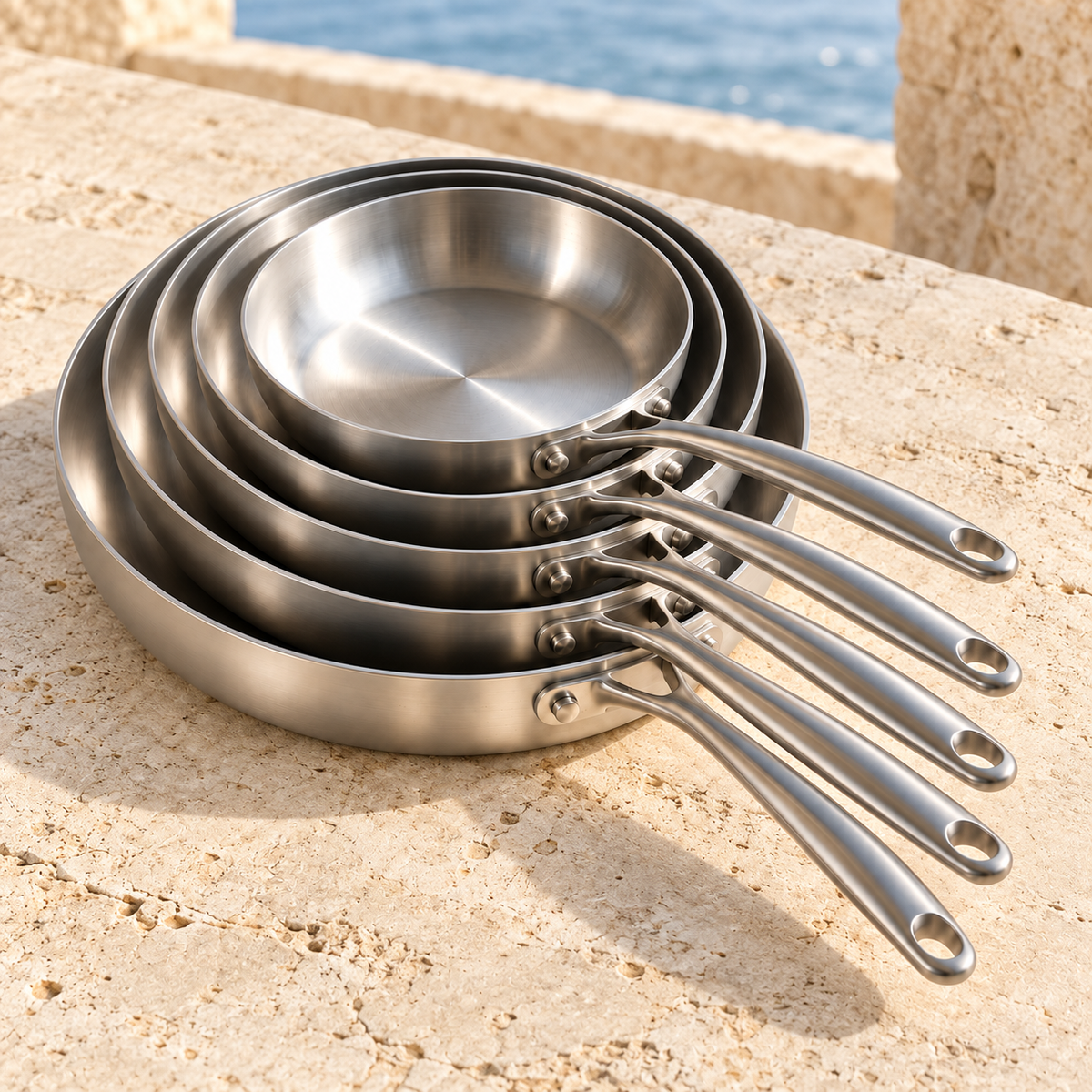 Pack Batterie LAEVOR : les cinq poêles inox 316 sur une terrasse en pierre face à la mer