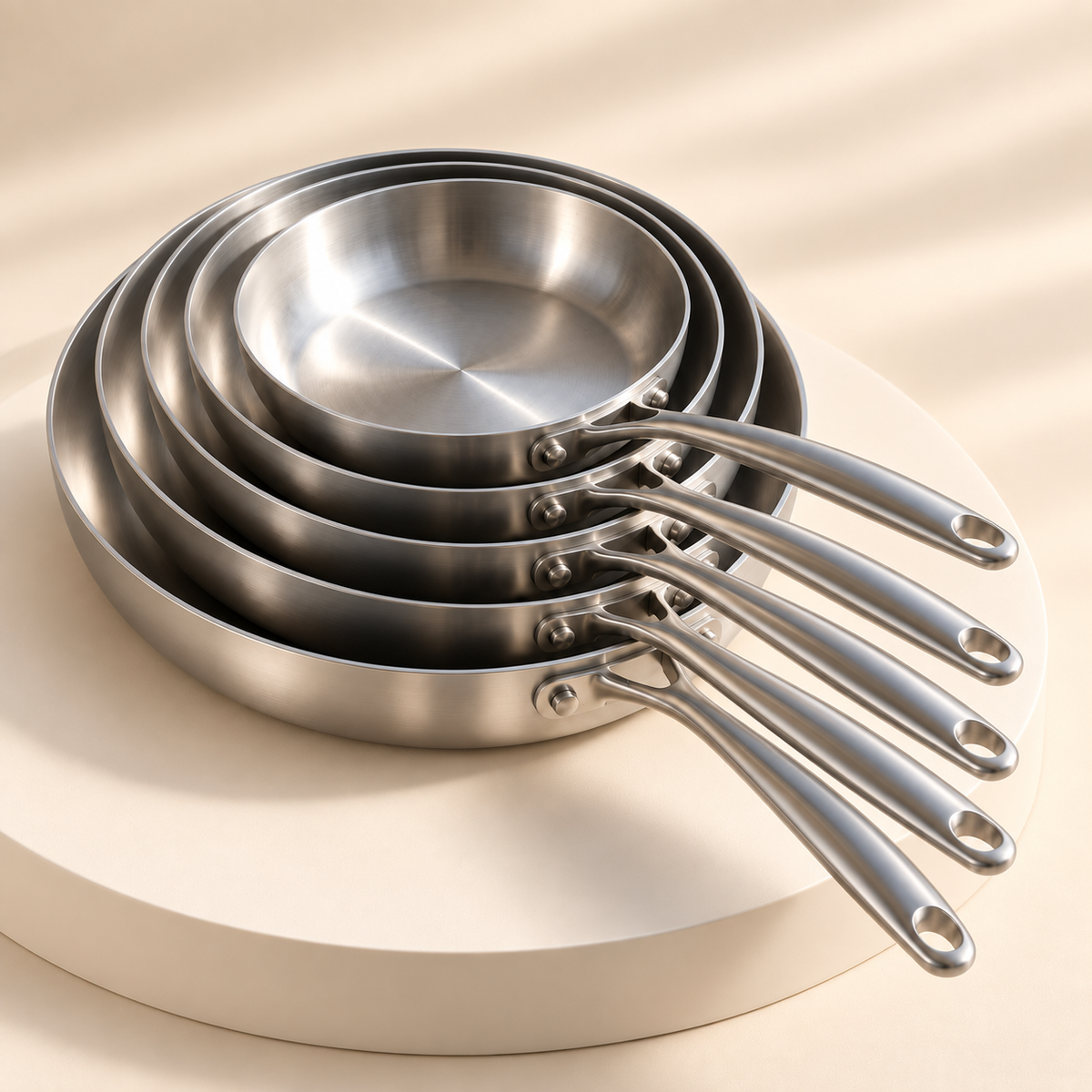 Pack Batterie LAEVOR : les cinq poêles inox 316 de 22 à 30 cm empilées sur un socle