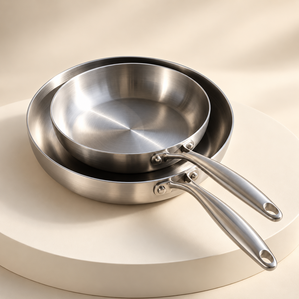 Pack Duo LAEVOR : poêles inox 316 de 22 et 26 cm empilées sur un socle