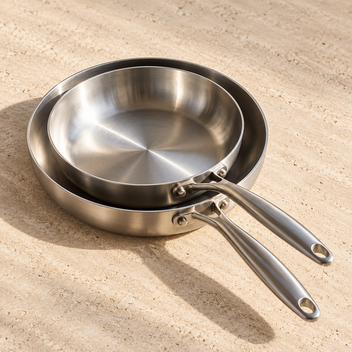 Pack Duo LAEVOR : les deux poêles inox 316 sur un plan de travail en travertin