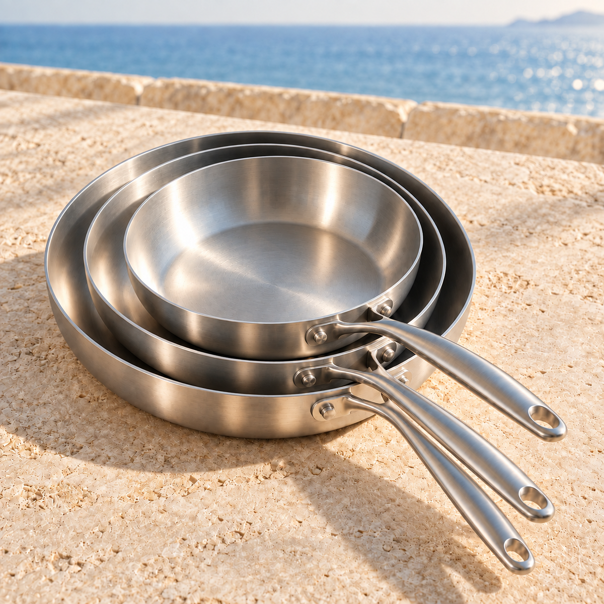 Pack Famille Nombreuse LAEVOR : les trois poêles inox 316 sur une terrasse en pierre face à la mer