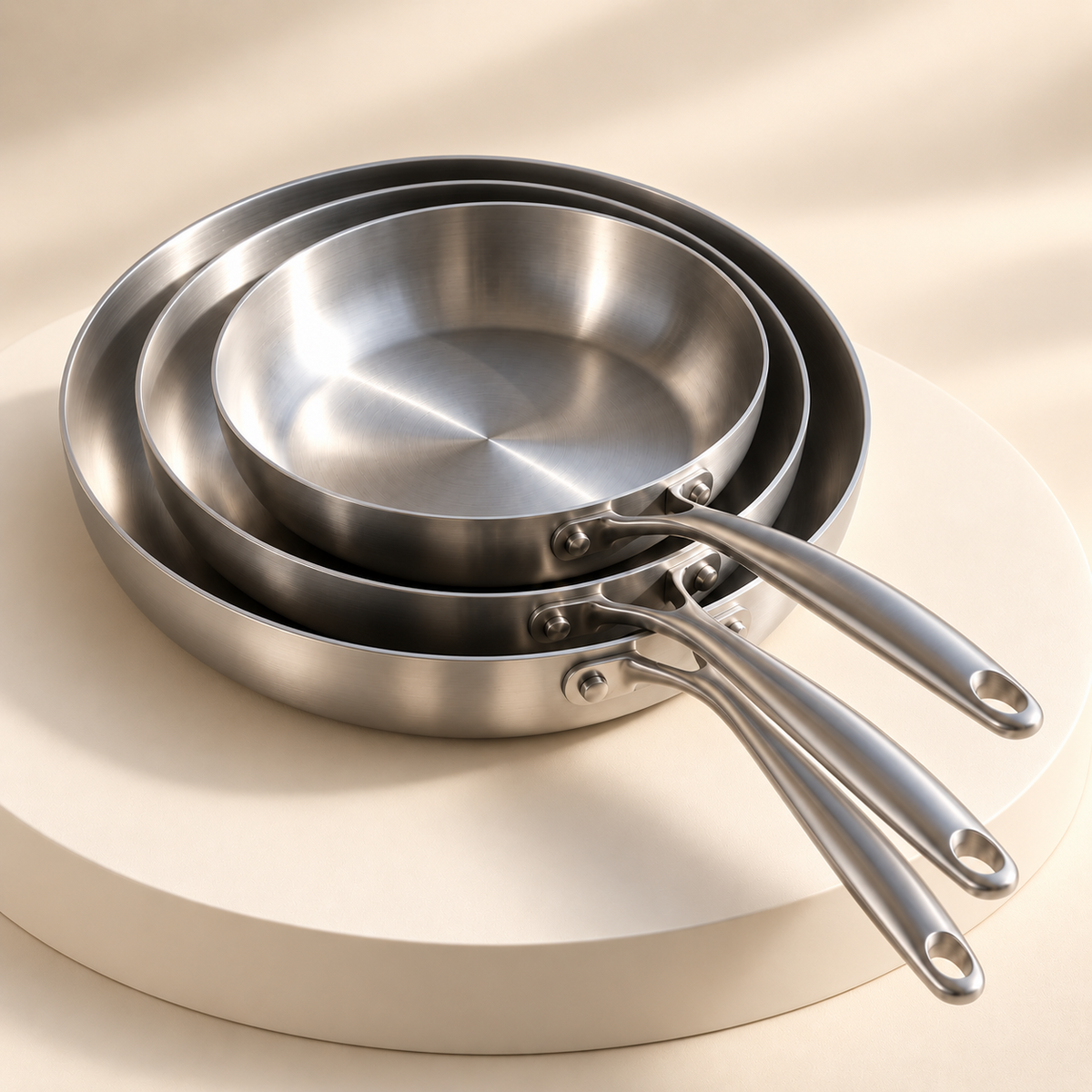 Pack Famille Nombreuse LAEVOR : poêles inox 316 de 26, 28 et 30 cm empilées sur un socle